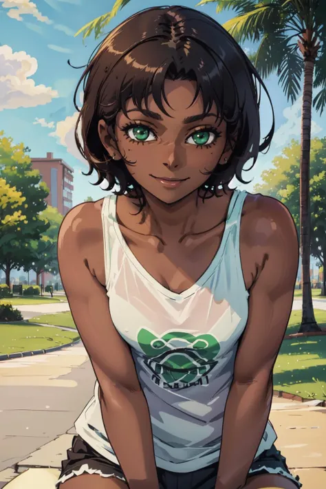 masterpiece, high quality,(brown) ((dark skin)), [side view], looking at viewer, very short messy hair, in a park, sitting down, hunched over, leaning forward, seductive, happy, [smile], seductive eyes, (close up), sexy, [toned body], green eyes, small breasts, loose black sleeveless tshirt, <lyco:JohnnyNumbnutzExtended:0.6>,