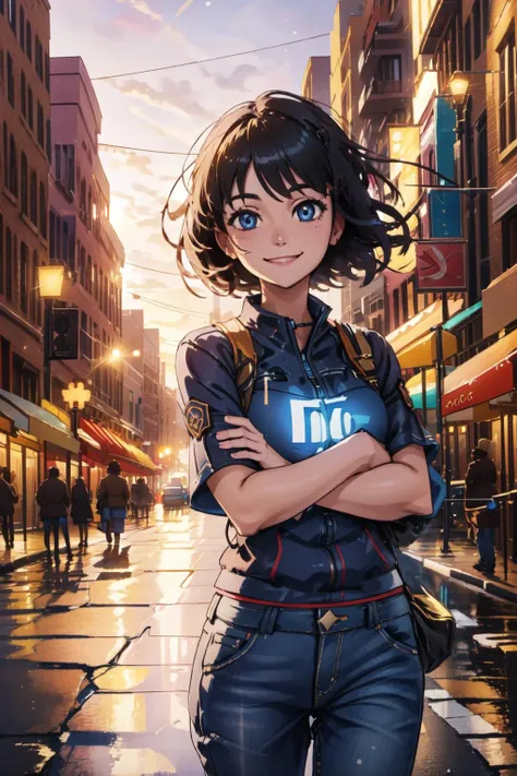 1girl, smile, volumetric lighting, light particles, cowboy shot, city, street, <lyco:JohnnyNumbnutzExtended:0.65>,