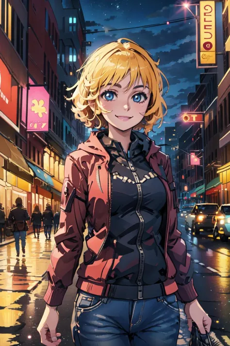 1girl, smile, volumetric lighting, light particles, cowboy shot, city, street, <lyco:JohnnyNumbnutzExtended:0.75>,