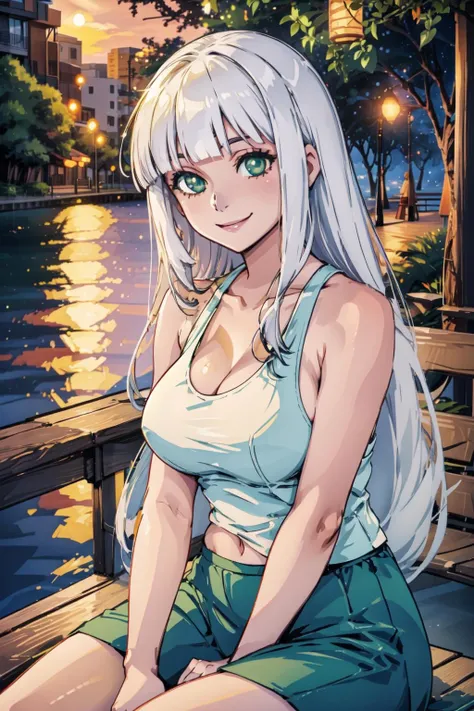 long hair, white hair, green eyes, sitting on boardwalk, sunset, light particles, fireflies, volumetric lighting, tank top, large breasts, smile, sparkling eyes, blunt bangs, <lyco:JohnnyNumbnutzExtended:0.6>,