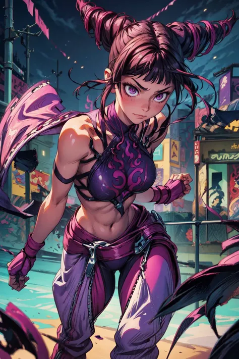 dark art, thick outlines, comics, photorealistic, perfect hands, masterpiece:1.2, ruined city at night, (night sky), purple lights, purple graffiti, (purple neon), (purple fire), crazy, 1 girl, <lora:Juri:1>, JuriMS , sfiv, hair horns, (white baggy pants), purple pink pantyhose, bangs, small breast, detailed background, detailed face, detailed eyes, <lora:add_detail:0.8>