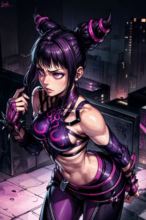 dark art, thick outlines, comics, photorealistic, perfect hands, masterpiece:1.2, ruined city at night, (night sky), purple lights, purple graffiti, (purple neon), (purple fire), angry, screaming, 1 girl, JuriMS , sfiv, hair horns, (white baggy pants), purple pink pantyhose, bangs, small breast, detailed background, detailed face, detailed eyes,