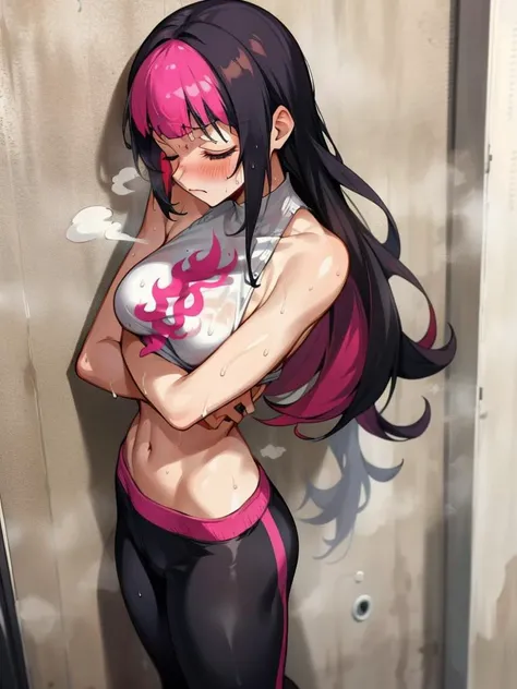<lora:JuriMS:1>JuriMS, sfva, multicolored hair, long hair, yoga pants, sweat, steam, wet hair, wet clothes, blush, closed eyes, standing, against wall, masterpiece, best quality