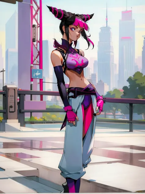 <lora:sonoda-20:1>retro artstyle, outdoors, city, walking, masterpiece, best quality, <lora:JuriMS:1>JuriMS, sfiv, hair horns, white baggy pants, purple pink pantyhose, bangs