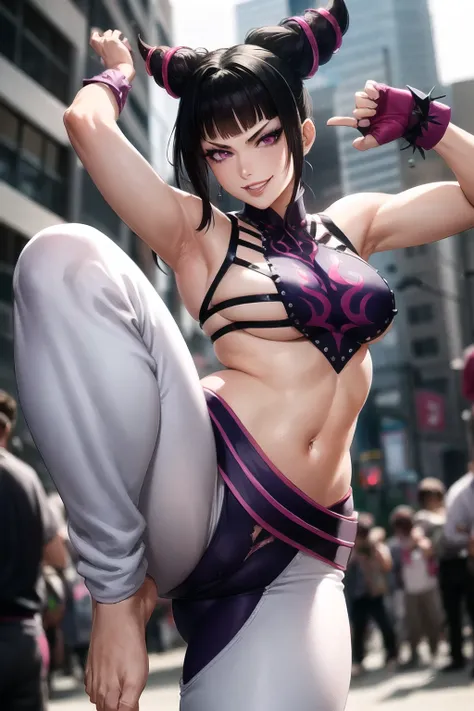 SFW, 30 year old woman, sexy mature asian woman, oval face, detailed face and eyes, beautiful purple iris, white eyeballs, JURIMS, SFIV, hair horns, extremely delicate lips,  (very suggestive smile:1.2), evil smile, wicked smile, smirk, angry fighting pose, baggy white pants, leg kicking high in air, thick thighs, barefoot, medium breasts, purple eyes, long eyelashes, thick eyelashes, 8k uhd, HDR ,extremely detailed CGunity 8k wallpaper, city street, crowd of people, full body, wide angle, sigma 35mm lens, full body, (8k), (4k), looking at viewer, <lora:juriHanStreetFighter_1:1>