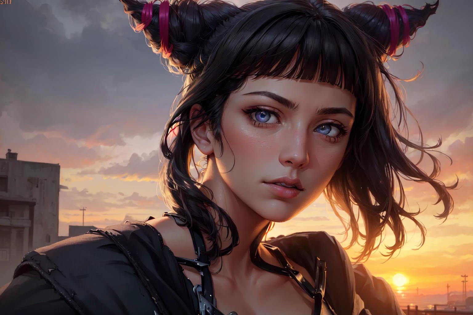 masterpiece, best quality, 4k resolution, outdoors, official, photograph, portrait, from the side, (realistic, ultrarealism, photo-realism:1.4), detailed background, detailed face, detailed eyes, looking at viewer, nighttime, sunset, JuriMS , sfiv, hair horns, white baggy pants, bangs, soft lighting, resting <lora:JuriMS:1>