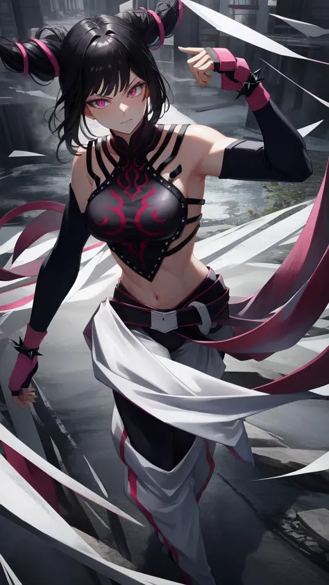 ((ultra detailed 8k, unity 8k wallpaper, high quality, highres, masterpiece, best quality, absurdres)), 1girl, solo, <lora:Juri:1>, JuriMS , sfiv, hair horns, white baggy pants, purple pink pantyhose, bangs , looking at viewer, beautiful detailed shining eyes, medium breasts, walking to viewer, night sky, tokyo underground, evil glare,