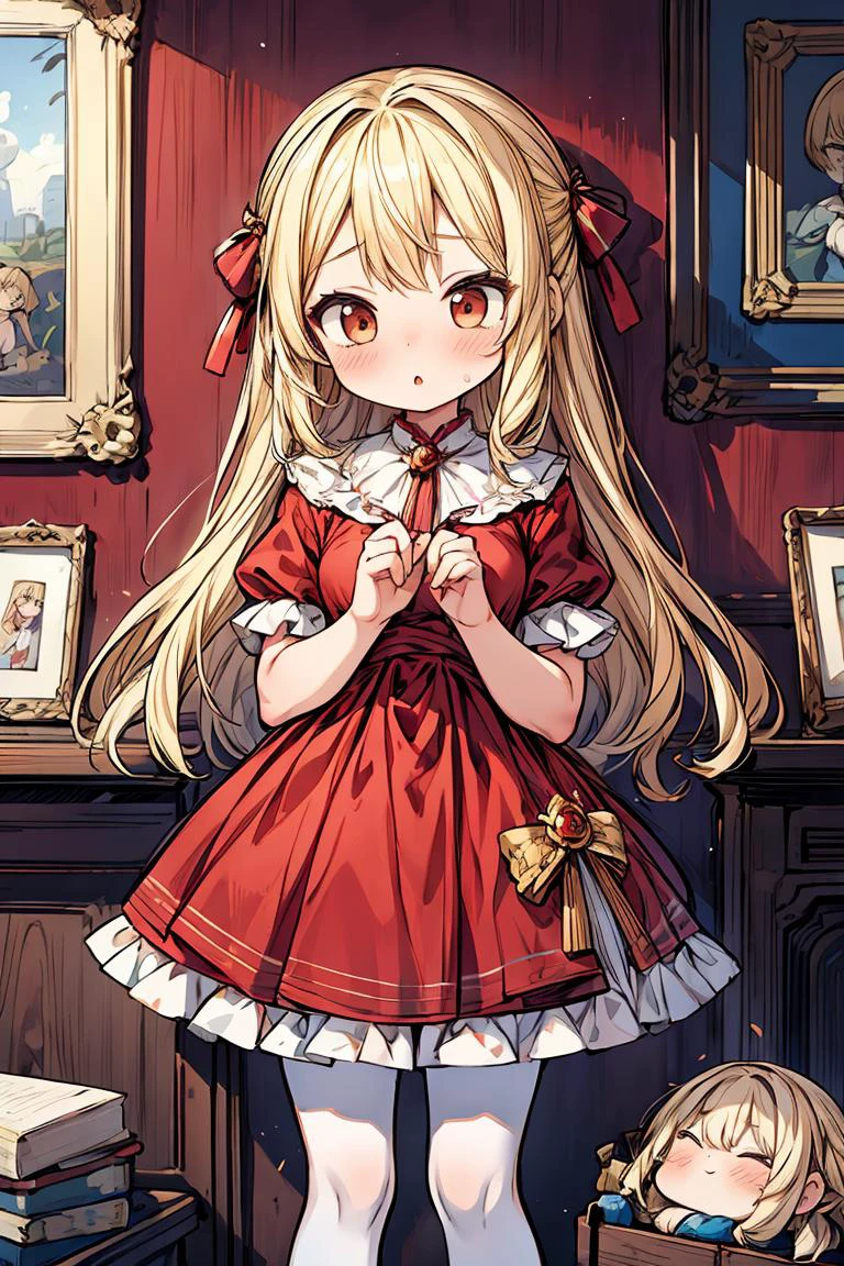 (masterpiece, best quality), 1girl, blonde hair, red dress, pantyhose, cute face, blush, <lora:add_detail:1>