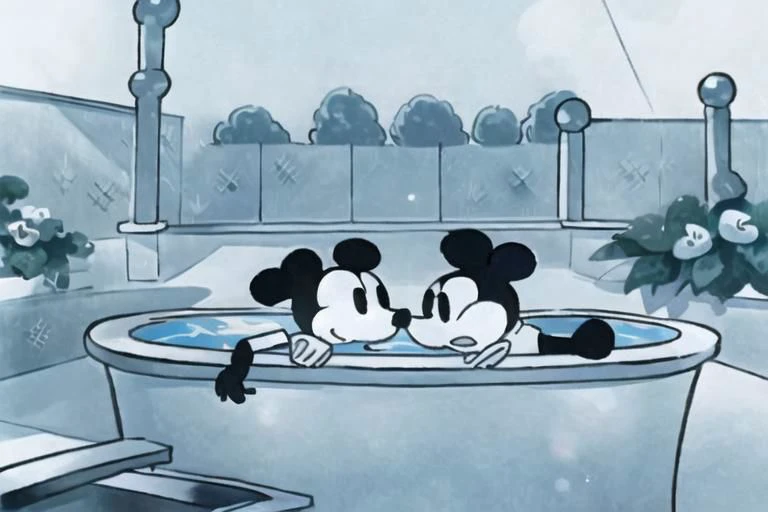 (masterpiece), (best quality), (extremely detailed), photo realistic, steamboat willie on a garden terrace by a swimming pool