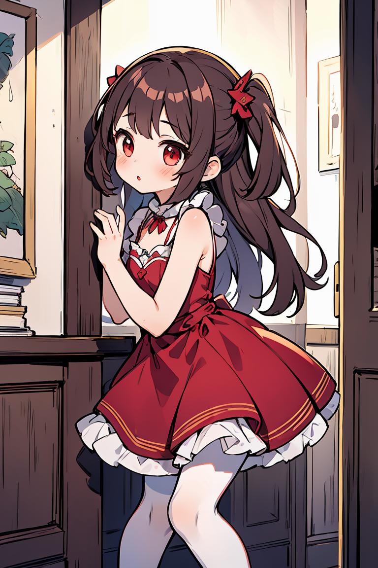 A girl in a red dress standing in front of a window - SeaArt AI