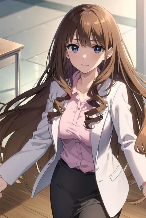 taeanegasaki, <lora:tae anegasaki s2-lora-nochekaiser:1>,
tae anegasaki, long hair, brown hair, (light brown hair:1.2) drill hair, (black eyes:1.5), bangs, blunt bangs, smile,
BREAK labcoat, shirt, (pink shirt:1.2), collared shirt, skirt, pencil skirt, black skirt, (white labcoat:1.2),
BREAK indoors, classroom,
BREAK looking at viewer, (cowboy shot:1.5),
BREAK <lyco:GoodHands-beta2:1>, (masterpiece:1.2), best quality, high resolution, unity 8k wallpaper, (illustration:0.8), (beautiful detailed eyes:1.6), extremely detailed face, perfect lighting, extremely detailed CG, (perfect hands, perfect anatomy),