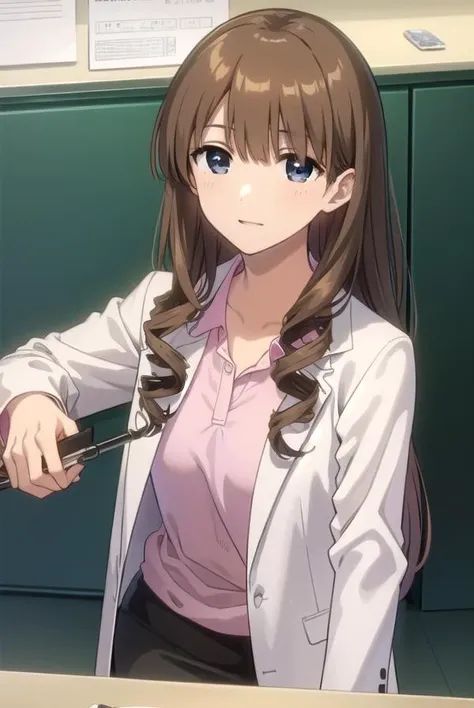 taeanegasaki, <lora:tae anegasaki s2-lora-nochekaiser:1>,
tae anegasaki, long hair, brown hair, (light brown hair:1.2) drill hair, (black eyes:1.5), bangs, blunt bangs, smile,
BREAK labcoat, shirt, (pink shirt:1.2), collared shirt, skirt, pencil skirt, black skirt, (white labcoat:1.2),
BREAK indoors, classroom,
BREAK looking at viewer, (cowboy shot:1.5),
BREAK <lyco:GoodHands-beta2:1>, (masterpiece:1.2), best quality, high resolution, unity 8k wallpaper, (illustration:0.8), (beautiful detailed eyes:1.6), extremely detailed face, perfect lighting, extremely detailed CG, (perfect hands, perfect anatomy),