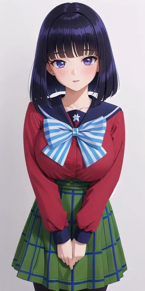 <lora:TomoeHotaruV3:0.6> tomoehotaru, huge_breasts, standing, solo, Mugen_School_Uniform_Black_sailor_collar_Red_shirt_Green_skirt_Black_pantyhose_Blue_striped_bowtie, masterpiece, best quality, detailed face, detailed eyes, highres,