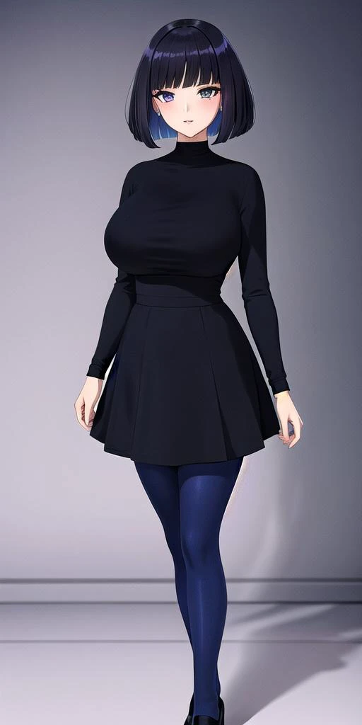 <lora:TomoeHotaruV3:0.6> tomoehotaru, huge_breasts, standing, solo, Hotaru_Black_short_dress_Blue_pantyhose_Black_shoes, masterpiece, best quality, detailed face, detailed eyes, highres,