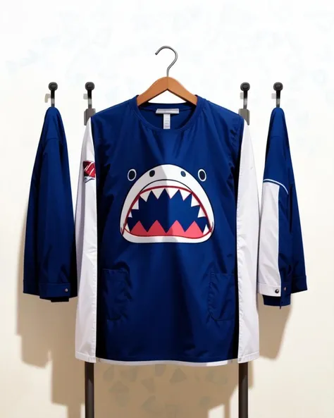 <lora:clothes_rack_v3:0.5>, emblem, still life, no_humans, character print, objectification, clothes rack
, shark_print
