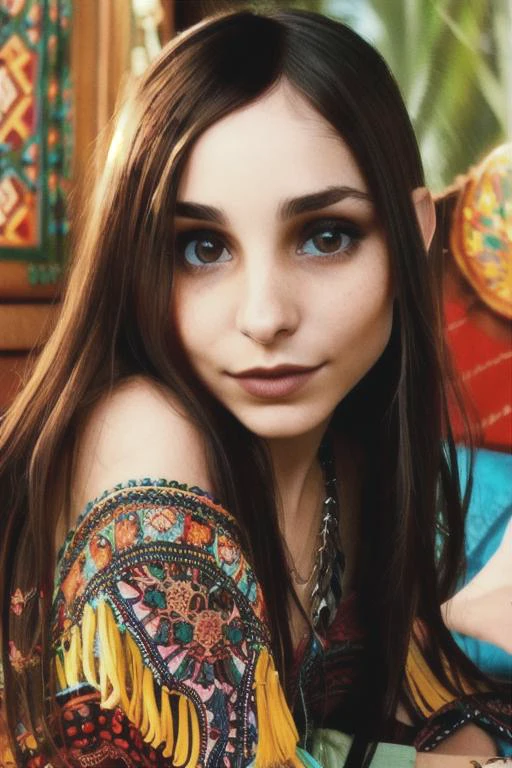 a radiant photograph of a young lady looking like LunaEv1 in a bohemian style