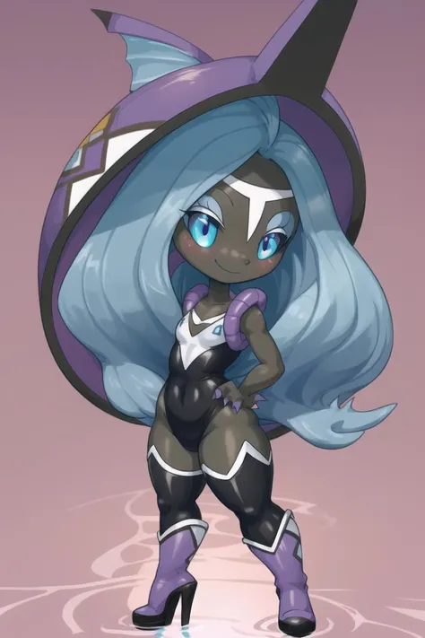 masterpiece, best quality, very detailed, detailed eyes, official art, soft lighting, cinematic lighting, expressive eyes, official art, sharp lighting, uploaded on e621, ((chibi)), (abstract background, gradient background), white outline, white frame, white border, rim lighting, notice lines, (cute), (cel shading), (water motif), (water),
BREAK
1girl, anthro, perfect anatomy, solo focus, Tapu Fini, pokemon \(creature\), black skin, white markings, blue hair, long hair, elegant, classy, by cutesexyrobutts:0.7, by cyancapsule:0.3, by thousandfoldfeathers:0.5, by syuro:0.8, half-closed eyes, <lora:wano_TapuFini:0.9>, shellless, no shell, mohawk, blue eyes, multicolored eyes, black sclera, purple claws, mouth,
BREAK
eye contact, looking at viewer, (smile)
BREAK
purple boots, high heels boots, black thigh highs, black one-piece swimsuit, ((dynamic pose))