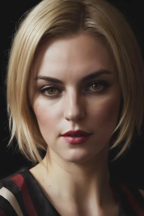 portrait photo of mmt,(black and red striped shirt), (dirty blonde hair), alluring portrait, intricate, highly detailed, digital painting, artstation, concept art, naughty, sharp focus, cinematic lighting, illustration, art by artgerm and greg rutkowski, alphonse mucha, cgsociety, <lyco:MichelleMylett-RealVision-V1.0:1.0>