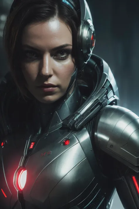 mmt, ((best quality)), ((masterpiece)), (detailed), Midjourney Style, close-up, woman, robot, red eyes, concept art, inspired by Marek Okon, digital art, Crysis Nanosuit, futuristic, (glowing elements:1.1), 4:3 aspect ratio, dynamic duo<lyco:MichelleMylett-RealVision-V1.0:1.0>