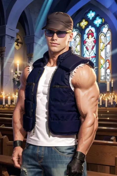 ClarkKOF, sunglasses, 1guy, military cap, blonde hair, blue vest,black  sleeveless shirt, denim pants, bandolier,   (inside the church, colored vitrals,sun rays, candles:1.2),  detailed eyes, best quality, masterpiece, highres, perfect picture, highly detailed, high contrast , digital colors, bright colors , perfect face, looking to viewer  <lora:ClarkStill:1>