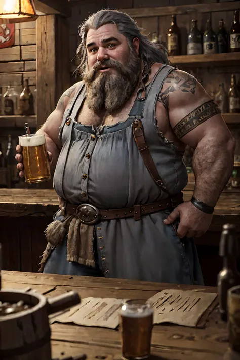 zrpgstyle, masterpiece, highly detailed, funny rowdy very fat dwarf holding a tankard of beer in a tavern, leaning against bar, moody lighting, long wild messy grey hair, dirty torn clothes, long grey beard, scruffy
