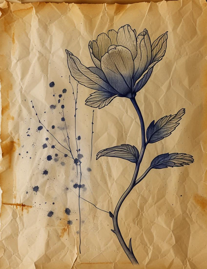 a drawing of a close up of a flower, excellent image composition, pen sketch on old parchment with browning edges, <lora:J_ancient_sketch:0.8> j_ancient_sketch