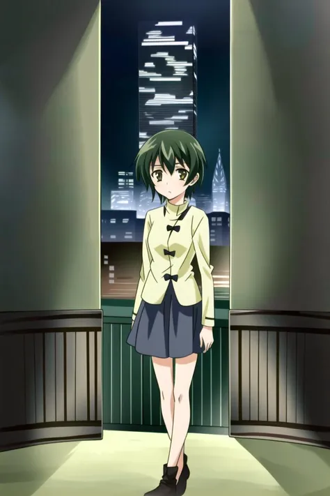 eineren,1girl,standing,facing viewer,expressionless,full body,skirt,yellow shirt,masterpiece,best quality,absurdres,night,skyscraper roof, <lora:ErenEin-10:0.7>