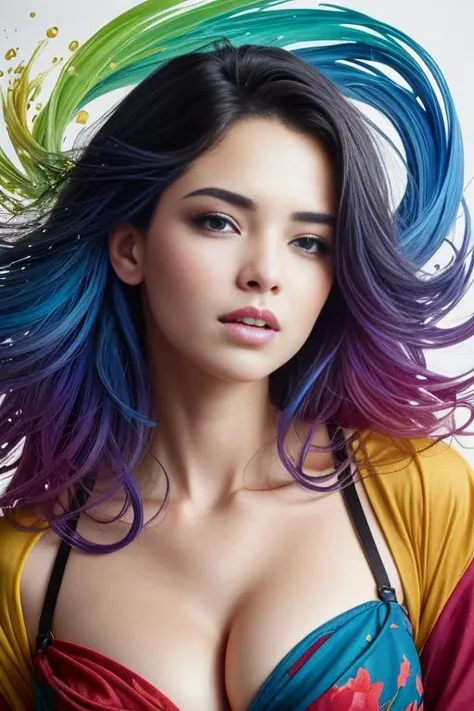 Colorful beautiful girl: a giru 28-years old, messy hair, oil painting, nice perfect face with soft skinice perfect face, blue yellow colors, light purple and violet additions, light red additions, intricate detail, splash screen, 8k resolution, masterpiece, cute face,artstation digital painting smooth veryBlack ink flow: 8k resolution photorealistic masterpiece: intricately detailed fluid gouache painting: by Jean Baptiste Mongue: calligraphy: acrylic: watercolor art, professional photography, natural lighting, volumetric lighting maximalist photoillustration: by marton bobzert:, complex, elegant, expansive, fantastical, <lora:rmadart3NoiseoffsetSD1_v10:1>, wavy hair, vibrant