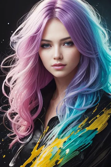 Colorful beautiful girl: a giru 28-years old, messy hair, oil painting, nice perfect face with soft skinice perfect face, blue yellow colors, light purple and violet additions, light red additions, intricate detail, splash screen, 8k resolution, masterpiece, cute face,artstation digital painting smooth veryBlack ink flow: 8k resolution photorealistic masterpiece: intricately detailed fluid gouache painting: by Jean Baptiste Mongue: calligraphy: acrylic: watercolor art, professional photography, natural lighting, volumetric lighting maximalist photoillustration: by marton bobzert:, complex, elegant, expansive, fantastical, <lora:rmadart3NoiseoffsetSD1_v10:1>, wavy hair, vibrant