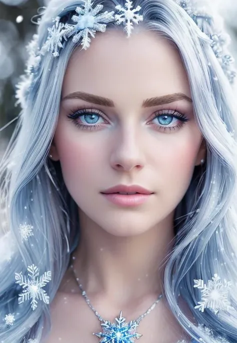 (ultra photorealistic:1.3), (masterpiece:1.4), (cowboy shot:1.2), best quality, ((realistic)), high quality, ultra detailed, ((Real picture)), ((realistic skin)), ((realistic face)), (best quality:1.1), (illustration:1.05), (1girl:1.05), (beautiful:1.05), (beautiful detailed eyes:1.05), (cinematic light:1.1), platinum hair, light blue highlights, long straight hair, detailed ice, winter, steam, icy, snow flake, emotionless, flimsy blue dress, tiara,(big snowflakes tempest:1.4)