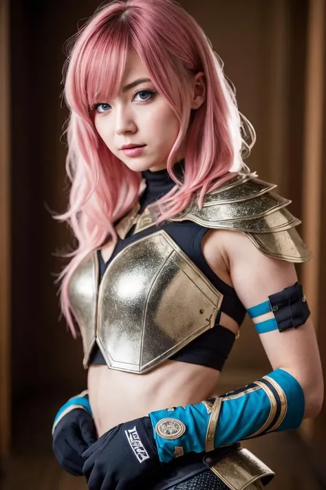 (8K, top-quality, masterpiece:1.2), (reallistic, Photorealsitic:1.37), Super Detail, One girl, (Highly detailed), (beautifully detailed eyes), (of the highest quality), (super detailed ), (masterpiece), (Detailed face), 20yr old, 1 girl, ((pink hair,long hair)), medium breasts, clothed, Perfect Lighting, BREAK, (deep blue bikini top:1.4), (gold and silver ornaments:1.3), (armor-like design:1.2), (deep blue bikini bottoms:1.4), (gold and silver accessories:1.3), (ankle boots:1.2), (gold and silver buckles:1.2), BREAK, (upper body to knees:1.5), (side ponytail:1.2), (bangs:1.2), (smiling:1.2), (confident:1.2), (looking at the camera:1.2), (standing:1.2), (holding a sword:1.3), (one hand on the hip:1.2), (medieval town:1.3), (stone buildings:1.2), (people:1.2), (blue sky:1.2), (natural light:1.2), (sunlight:1.2), (shadows:1.2)