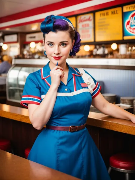 professional photograph of a detailed vintage diner with waitress serving customers, random hair style, blue red and purple theme, 1950s dress, detailed face, busy background, camera blurr, sharp focus, film grain, masterpiece, immaculate detail, sci-fi, 8k uhd, high quality, film grain
