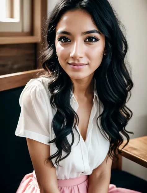 RAW photo, (a portrait photo of a 35y.o. woman:1.2), dim lit, (sitting, inside cafe:1.1), (medium breasts:1.3), (smiling:1.1), (high detailed skin:1.0), detailed eyes, 8k uhd, dslr, soft lighting, best quality, film grain, Fujifilm XT3, (skinny:1.2), (wearing blouse and skirt:1.2), (pastel goth style:1.1), long hair, Blowout hair, (wavy hair:1.1), (black hair:1.2), (oily hair:0.8), (eyeliner:1.1), beauty marks, (italian woman:1.2), masterpiece, film grain, professional photograph, sci-fi, 8k uhd, high quality, film grain