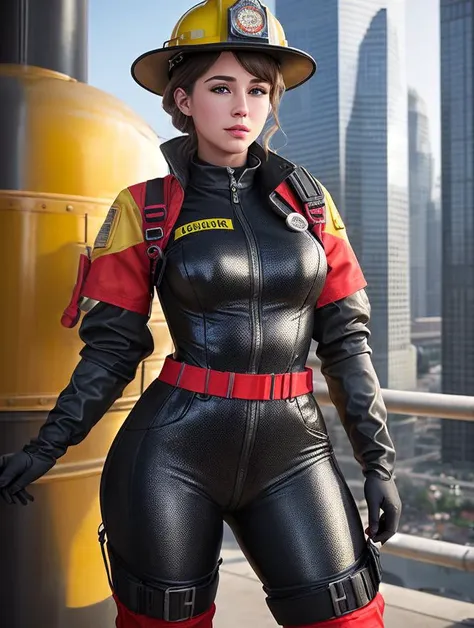 nsfw, realistic photo of 18 year old gorgeous firefighter 1girl wearing sexy firefighter outfit at the top of a skyscraper still under construction, baggy protective clothing, 4k, 8k, HDR, depth of field, bokeh, ultra detailed, skin-tight outfit suit, (designs on outfit to accentuate her feminine figure:1), inspired by fallout 4 vault suit,