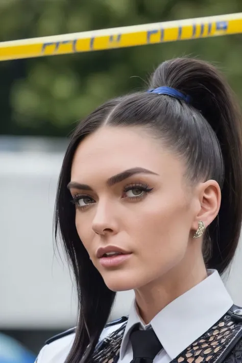 photo of S145_MarleyBrinx, a stylish woman, as a (cop:1.25), on a (crime-scene:1.25), wearing a (police-uniform:1.25), shirt, jacket, pants, (ponytail:1.2), (8k, RAW photo, best quality, depth of field, ultra high res:1.2), (absurdres, intricate, photorealistic, masterpiece, ultra-detailed:1.3)