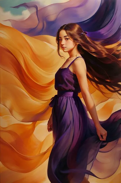 1, a stunning painting of 1GIRL, wearing flowing silk ribbons, wind-lifted, walking down a road, PURPLE shadows cast onto orange ground, in the style of <lora:ZZWEI:0.7> <lora:_20230803165314:0.7>