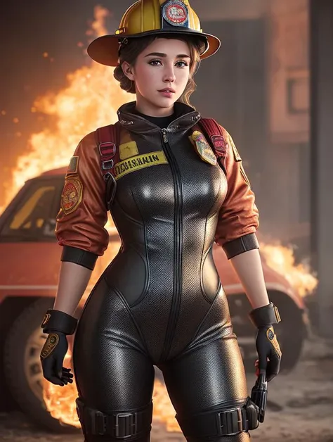 nsfw, realistic photo of 18 year old gorgeous firefighter 1girl wearing sexy firefighter outfit, baggy protective clothing, 4k, 8k, HDR, depth of field, bokeh, ultra detailed, skin-tight outfit suit, (designs on outfit to accentuate her feminine figure:1), inspired by fallout 4 vault suit, blazing fire in the background,