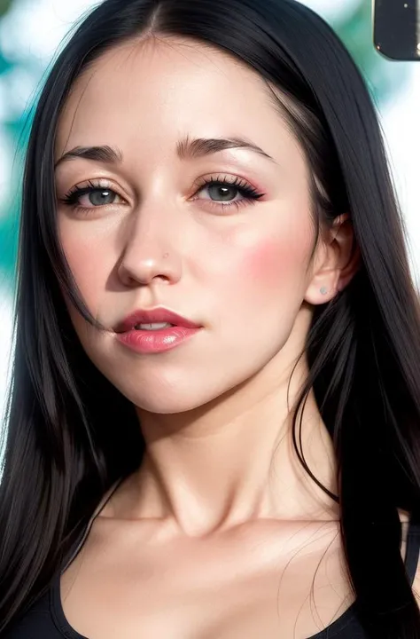 photo of alexcoal-1300, face and bust portrait, (tanktop), makeup, abstract artistic background, high quality, , sharp focus, natural skin texture, highly detailed face, masterpiece, absurdres, (by arny freytag)