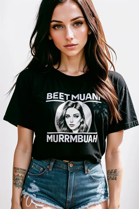 RAW, analog style, A stunning portrait of a beautiful woman, (plain white background), nbdy-isabella-sd15, ((highly detailed skin, skin details)), sharp focus, black graphic t-shirt and torn jean shorts, 8k UHD, DSLR, high quality, film grain, Fujifilm XT3, <lora:epiNoiseoffset_v2:1>