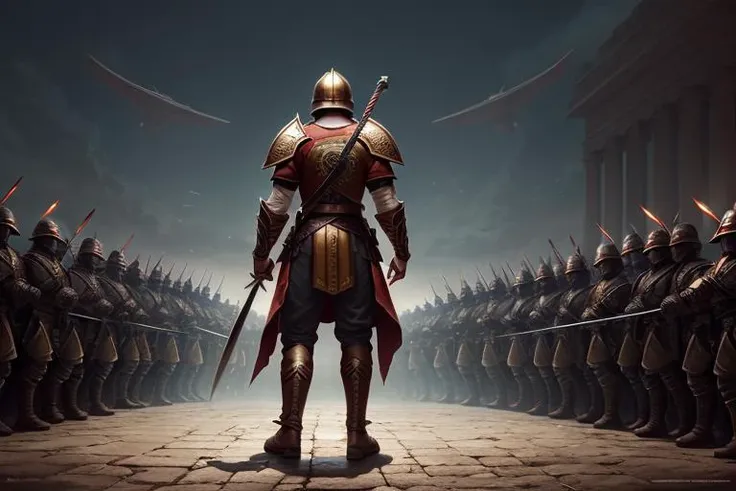 a spartan soldier in armor standing in front of a crowd of people with swords in their hands and a red mohawk, Bastien L. Deharme, highly detailed digital painting, an ambient occlusion render, fantasy art