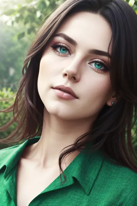 woman in a lusious garden, [red_matte_makeup:2], [green_shirt:5], [blue_eyes:4]
(close up:1.2), high res, high quality, perfect face, 
8k, volumetric fog, bloom,  Nikon 80, realistic,