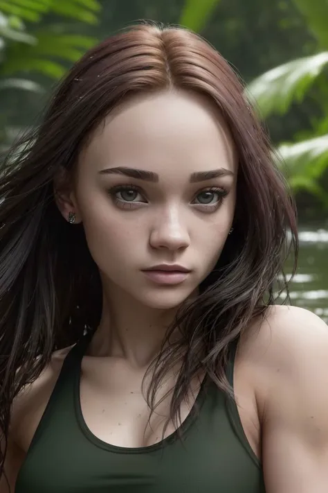 closeup headshot of S099_Karina, a stylish woman, in a (swamp), wearing a (tank-top), (8k, RAW photo, best quality, depth of field, ultra high res:1.2), (absurdres, intricate, photorealistic, masterpiece, ultra-detailed, Unreal Engine:1.3)