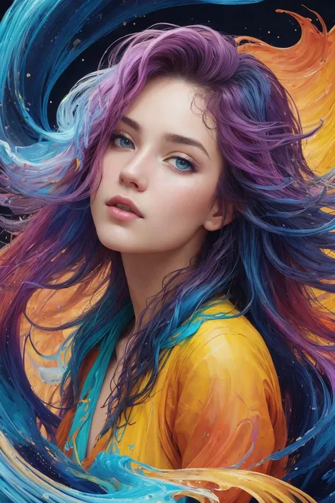 Colorful beautiful girl: a giru 32-years old, messy hair, oil painting, nice perfect face with soft skinice perfect face, blue yellow colors, light purple and violet additions, light red additions, intricate detail, splash screen, 8k resolution, masterpiece, cute face,artstation digital painting smooth veryBlack ink flow: 8k resolution photorealistic masterpiece: intricately detailed fluid gouache painting: by Jean Baptiste Mongue: calligraphy: acrylic: watercolor art, professional photography, natural lighting, volumetric lighting maximalist photoillustration: by marton bobzert:, complex, elegant, expansive, fantastical, <lora:rmadart3NoiseoffsetSD1_v10:1>, wavy hair, vibrant