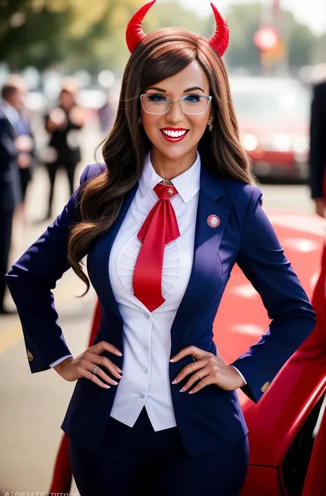 a (photograph) of b0e83rt, (dressed as a congresswoman:1.3), (devil horns), teasing flirty smile, professional aesthetic, high quality, highly detailed face, (natural skin texture), absurdres, masterpiece, (by arny freytag),