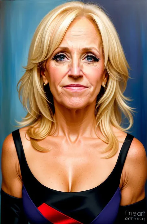 photograph, a face and bust portrait of jill biden, abstract artistic background, high quality, , sharp focus, natural skin texture, highly detailed face, masterpiece, absurdres, (by arny freytag)