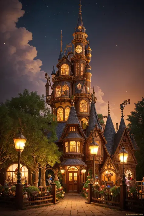 gingerbread candy village, steampunk, cinematic scene, art deco, studio lighting, robot, colorful, inspectorcore, fantasy, fairytale, intricate, forest, fireflies, flowers, halloween, christmas, hansel and gretel, background blur, bokeh, medium shot, visually stunning, matte painting, concept art, trending on artstation, artgerm, cgsociety