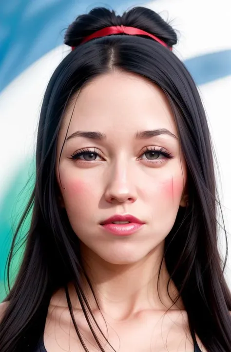 photo of alexcoal-1300, face and bust portrait, (tanktop), makeup, abstract artistic background, high quality, , sharp focus, natural skin texture, highly detailed face, masterpiece, absurdres, (by arny freytag)