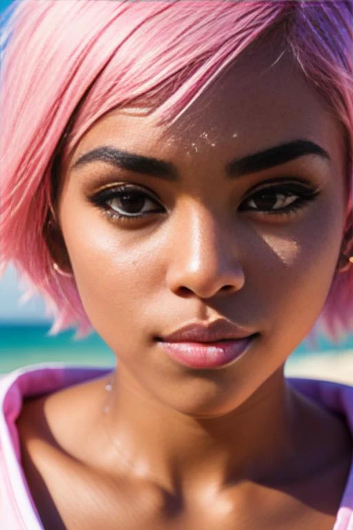Calaveraa SG, (women:1.2), (summer night sunset:1.3), (8k, RAW photo, best quality, masterpiece:1.2), (realistic, photo-realistic:1.37), best quality, ultra high res, (focus face:1.8), (portrait face:1.7), (close-up face:1.5), (high contrast:1.1), (intense:1.1), (detailed:1.1), (highest quality, (analog:1.2), (high sharpness), real shadow, photographed by Canon EOS R6, 135mm, 1/1250s, f/2.8, ISO 400, (t-shirt:1.3), (pastel colors:1.2), (beach:1.2), (pink hair:1.1),