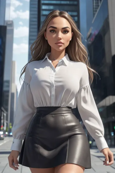 a photo of S098_EmilieRae, an attractive woman, in a (big city:1.3), wearing a (shirt) and a skirt, (8k, RAW photo, best quality, depth of field, ultra high res:1.2), (absurdres, intricate, photorealistic, masterpiece, ultra-detailed, Unreal Engine:1.3)