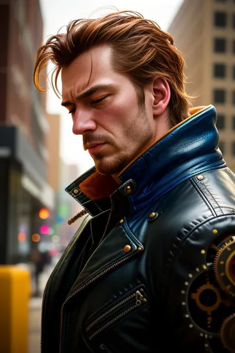 professional photograph, colorful portrait illustration, depressed attractive cybernetic man looking down while crying, (steampunk cyborg:1.2), (intricate details), hdr, (intricate details, hyperdetailed:1.2), cinematic shot, stark lighting, facing away from camera, hyperrealism, <lora:epiNoiseoffset_v2:0.8>, side shot, portrait, torso, hyperdetailed real human hair, (closed eyes), worn leather jacket, Fujifilm XT3, by Alexandre Calame and Alyssa Monks and Shigeru Ban